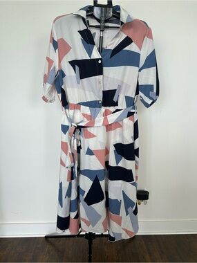 BloomChic Geometric Midi Shirt Dress in White, Navy & Blush